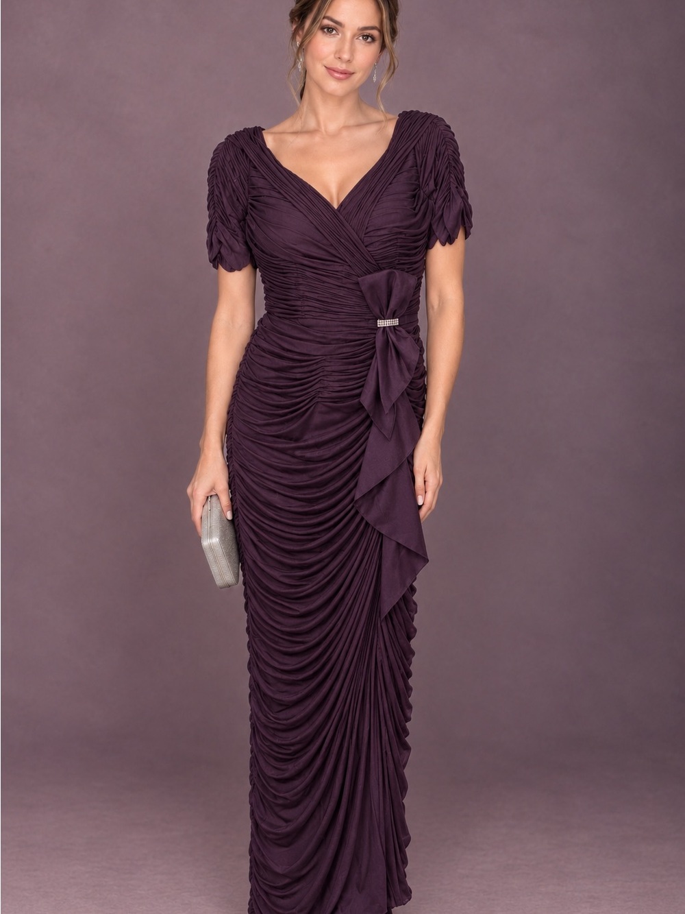 Purple Gathered-Detail Maxi Dress with Side Bow